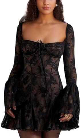 Women's Short Corset Y2k Mini Dress Long Sleeve Low Cut Lace Dress Vintage Solid Floral Party Dresses