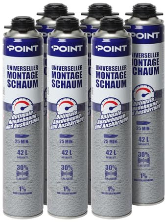 POINT B2 Universeller Montageschaum – Pistolenschaum zum Verfüllung, Dämmung & Isolierung [6 x 750 ml] Bauschaum für Schaumpistolen – Ausbeute: bis zu 42 Liter – PU-Schaum für Profis