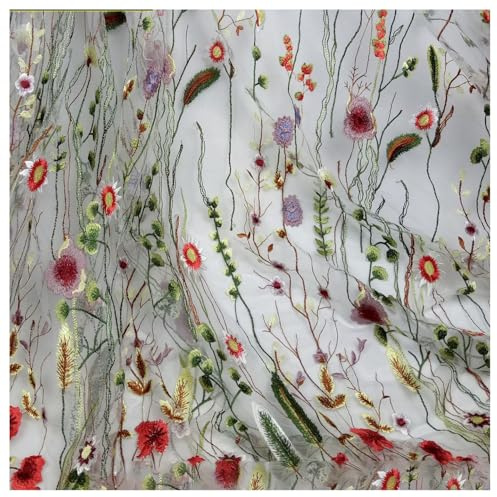 BrightGlow Blumen Bestickter Spitzenstoff Tüll Stoff Breite 150cm Bunte Netzstoffe Dekostoff Stoff zum Nähen Bekleidungszubehör Kostümstoff Tüllstoff für Party Kleidung DIY Nähen Weiß 3 Yard