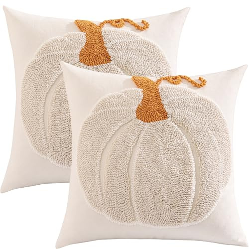 Tosleo 2 Stück Herbst Kissenbezug Beige Kürbis 45 x 45 cm Leinen Dekokissen | Kürbismuster Deko Kissen Dekorative Kissenhülle Zierkissenbezüge Herbstdeko Innen Sofakissen für Sofa Schlafzimmer Zuhause