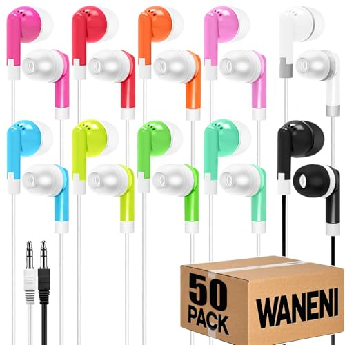 Waneni Bulk Classroom Earbuds 50 Pack for Kids Students, Wired in-Ear Headphones with 3.5mm Jack – School Earphones, Chromebook Compatible, Multipack Class Set