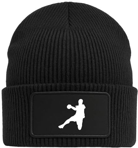 Huuraa Beanie Handball Silhouette Geschenk | Black Geschenkidee Schwarze Rippstrick Wintermütze mit austauschbarem Klett Patch