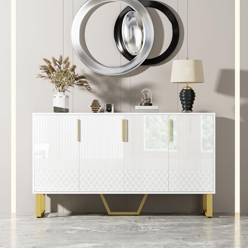 ANIROY Sideboard, Hochglanz-Sideboard mit 4 Türen und 6 Stauräume, Kommode mit Metallgriffe und -Beine, 140 x 40 x 80cm, Weiß