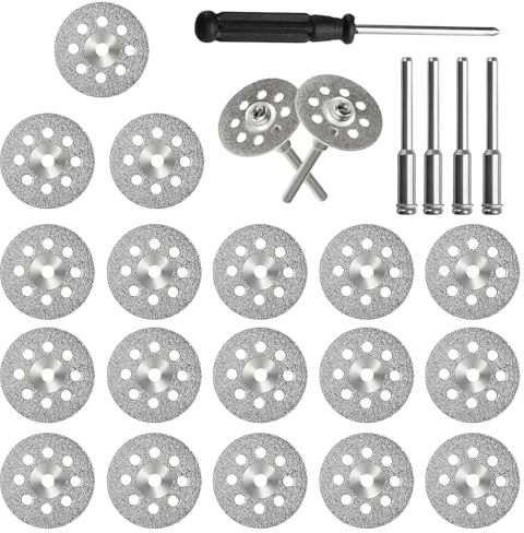 20pcs 22 mm Diamond Cutting Wheel Cut Off Discs for Dremel Diamond Cutting Discs for Dremel Rotary Tool Accessories,with 4pcs 3mm Mandrels,for Metal Stone Glass Cuttings Discs Disks + 1 Screwdriver