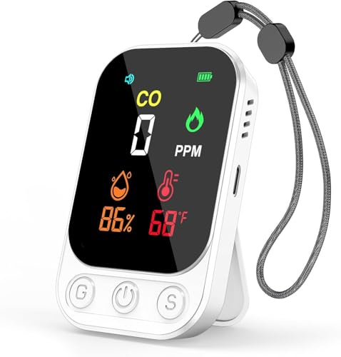 Portable Carbon Monoxide Detectors, 3-in-1 CO Detector – Mini CO, Temp & Humidity Sensor with 85 dB Alarm, Fold-Out Kickstand & Lanyard, Ultra-Low-Power Plug-Free Safety for Home, RV, Camp or Hotel