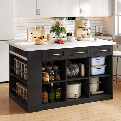 Lcoho Isla de cocina multifuncional con 150 cm+96 cm, mesa de comedor extensible negra, encimera de madera de mármol blanco, armarios de almacenamiento integrados, ideal para cocinas familiares, cenas