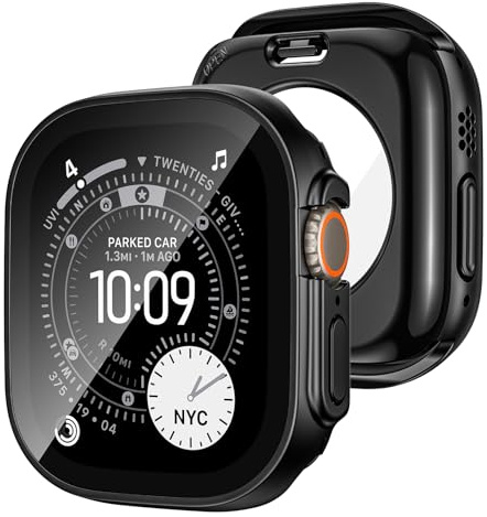 HWeggo [2 in 1] wasserdichte Hülle für Apple Watch Series Ultra 3/Ultra 2/Ultra 49 mm Zubehör, 360° vorne und hinten, iWatch PC-Frontabdeckung mit gehärtetem Glas für Damen und Herren, 49 mm Schwarz