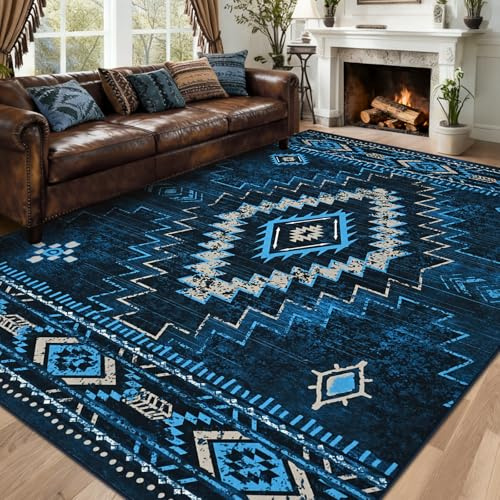 Alishomtll Teppich Läufer, Vintage Geometrisch Teppich Blau 160x230 cm | Rutschfest Kurzflor Küchenteppich, Weich Waschbar Flurläufer für Wohnzimmer Schlafzimmer Arbeitszimmer Küche Eingang