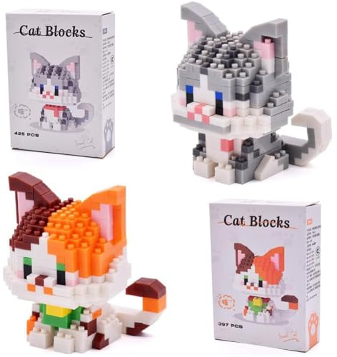 WFKKMEQ Katze Building Blocks, 2PCS Bauspielzeug Set Cartoon Micro Building Micro Bausteine Spielzeugs 3D Mini Puzzle Buildings Kit Anime Blocks Spielzeug Bauklotz Figuren Geschenke für Geburtstag