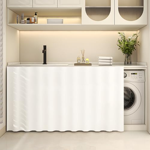 Fasbuy Rideau Armoire Cuisine Courts avec Sangles Auto, Meuble Rideau Cache Placard Anti Poussière pour sous Evier, Étagères, Cuisine Porte de Placard (Blanc,H120x80cm)