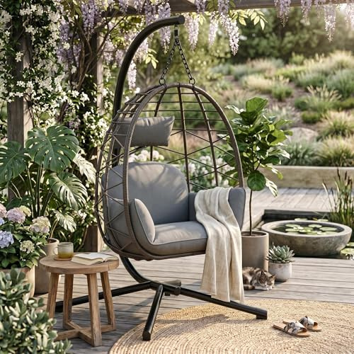 Hängesessel mit Gestell Outdoor bis 150 kg belastbar, Rattan Hängesessel mit Metallgestell, inkl. wetterfester Schutzhülle, klappbarer Hängekorb für Garten Terrasse Balkon, Grau