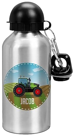 Striefchen® Trinkflasche für Kinder mit Traktormotiv und Wunschnamen 500 ml BPA frei Aluminium Silber