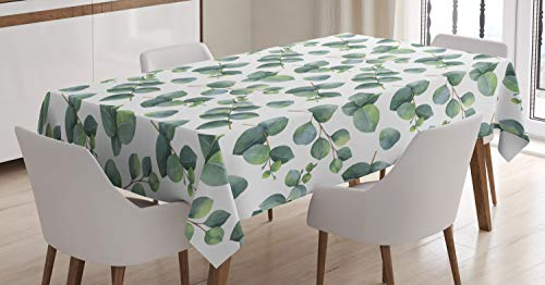 ABAKUHAUS Blatt Tischdecke, Aquarell Eucalyptus Kunst, Druck mit Klaren Farben ohne Verblassen Waschbar für innen oder Außen Bereich, 140 x 240 cm, Hellbraun Weiß Grün