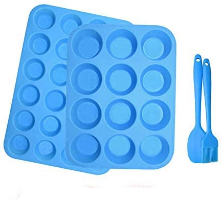 2Pack muffinform silikon,12 Cavity silikon backform + 24 Cavity mini muffins backform BPA-freie Antihaft-sichere Muffin Backform Pfanne für Cupcake Biscuit Bagels Muffins (Blau[12+24])