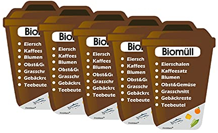 P038 PrintAttack Mülltrennung Aufkleber Set Deutsch oder Englisch für Mülltonne Vinyl verschiedene Größen Kratz, Wetter UV-Schutz für innen und außen Plastik Glas Papier Restmüll (V1_5x Biomüll Braun)