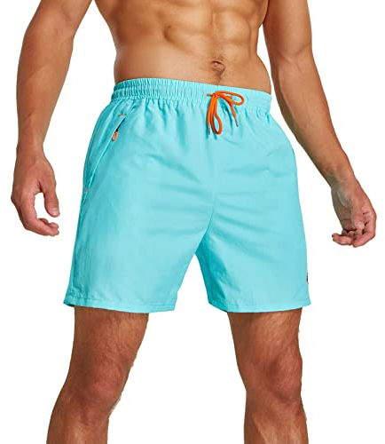 JustSun Badeshorts Herren Badehose Männer Schwimmhose Schnelltrocknend Boardshorts Strandshorts Beachshorts mit Reissverschlusstasche Hellblau L