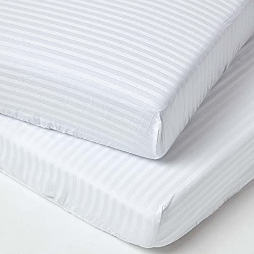 HOMESCAPES 2er-Set Damast Spannbettlaken für Kinderbett 70x140 cm weiß, Kinder-Spannbetttuch ägyptische Baumwolle mit Satin-Streifen