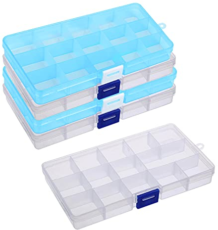 BAMZOK 5 Stück Sortierbox für kleinteile Plastik Bügelperlen Aufbewahrungsbox mit Fächern und Deckel Einstellbar Transparent Schmuck Organizer Box mit 15 Gittern