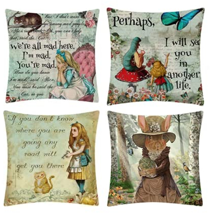 Morjakey Quadratische 4er-Pack Kissenbezüge für Alice im Wunderland,Retro-Kissenbezüge 18 x 18 Zoll, Leinen Anti-Falten, hypoallergen, Lendenkissenbezüge, für Garten, Auto, Bett, Café, Sofadekoration