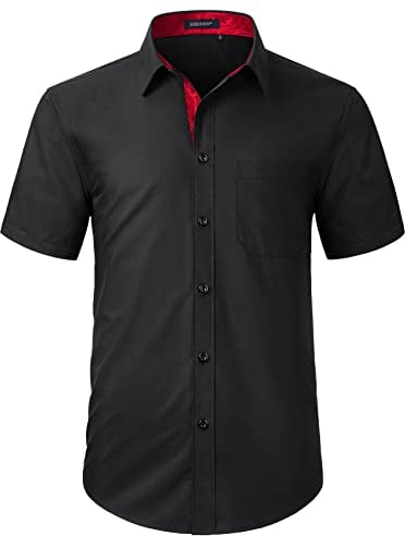HISDERN Men's Short Sleeve Black Shirt Regular Fit Formal Casual Button Down Business Shirt with Chest Pocket,L