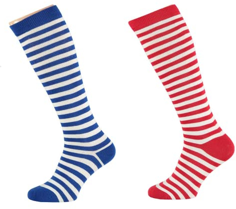 2 Paar Streifen Ringel Kniestrümpfe Geringelt Streifen uni Baumwolle Rot Weiss Blau Schwarz Rainbow bis Grösse 46 (36-41, Blau Weiss + Rot Weiss)
