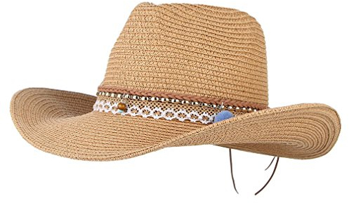 EOZY Damern Strohhut Breite Krempe Cowboyhut Sommer Sonnenhut Strandhut Braun