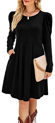 Aokosor Womens Tunic Dress Pleated Ladies Gigot Long Sleeve Casual Dress with Pockets Black Size 14-16