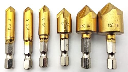 6 tlg Hochgeschwindigkeitsstahl (HSS) Senker Bohrer Set TIN 8-19 mm für Akkuschrauber Sechskant Bit Aufnahme