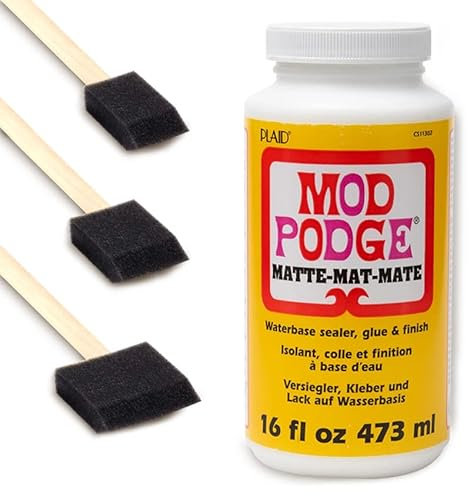 Modge Pod 16 oz Matte Waterbase Sealer, Glue and Finish, Clear with 3 Foam Brushes