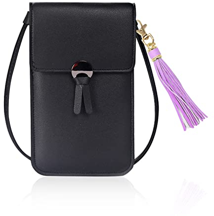 PFLYPF 1 x Kartenhalter und 1 x Quasten-Anhänger, modische Messenger Bag, Retro-Umhängetasche, Touchscreen-Handytasche, kleine Geldbörse, Damen (schwarz), Schwarz