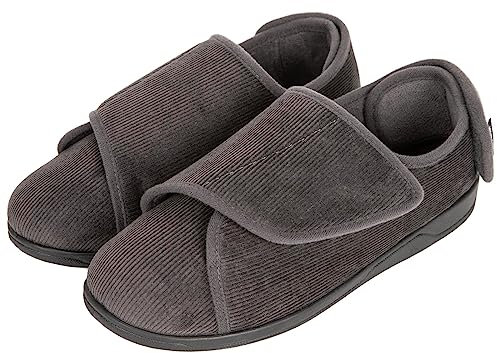HomeTop Men's Corduroy Slippers Comfy Adjustable Hook and Loop Memory Foam Wide Indoor House Shoes for Diabetic Swollen Feet Dark Grey, 11 UK