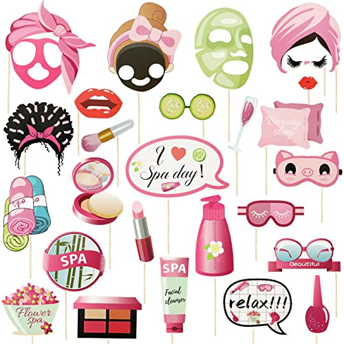 Konsait Lot de 26 accessoires de photomaton pour fête spa, fournitures de fête spa pour filles et femmes, décorations de fête spa, fournitures de fête d'anniversaire spa pour filles, décorations de