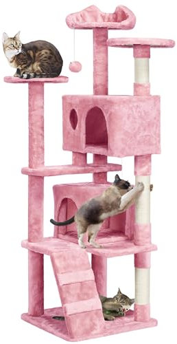 Yaheetech Arbre à Chat avec 2 Niches 3 Plateformes 2 Boules en Sisal Arbre à Grimper Multi-Niveaux Hauteur 158cm Idéal pour 3-4 Chats Rose