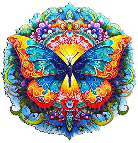 Blumuze Holzpuzzle Erwachsene, Mandala Schmetterling Holzpuzzle Einzigartige Tierform Puzzleteile, Puzzle aus Tierteilen, Puzzle Holz Erwachsene mit Geschenkbox aus Holz 200 Stück(M-10.1 * 9.9in)