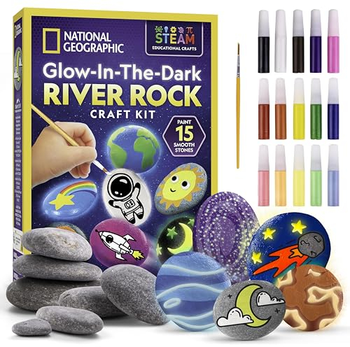 National Geographic Glow in The Dark Rock Painting Kit - Arts & Crafts Kit for Kids, Decorate 15 River Rocks with 15 Paint Colours & More Art Supplies, Kids Craft, Kids Art Kit, Kids Activity Kit