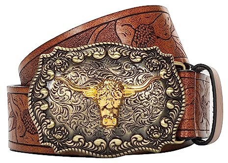 Eohak Herren-Western-Cowboy-Gürtel – Longhorn-Bull-Pattern-Schnalle, Blumen-Gravur, Schnalle, Gürtel passend für Taille 63,5 cm bis 96,5 cm, Braun, Fit Waist 25-30 in