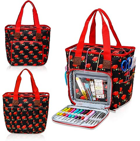 JOZEA Garnaufbewahrungstasche, Stricktasche, tragbare Aufbewahrungstasche für Garne, Tote-Großraum-Häkel-Organisator Häkelset, Häkelnadeln & -Haken, Garnkugeln, Projekt & Nähen(Seductive Roses)