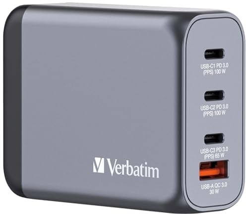 Verbatim GaN Charger 100 W, 4 Ports USB-C Ladegerät, Power Adapter mit 3 x USB-C und 1 x USB-A, Schnellladegerät als Mehrfachstecker, für Apple MacBook, Notebook, iPad, iPhone, Samsung und Co