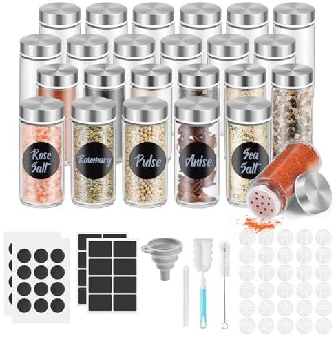 FRIBERG Pots à épices ronds en verre, 120 ml, avec couvercles en acier inoxydable, lot de 24, pots à épices de cuisine, entonnoir inclus, brosse de nettoyage, stylo et autocollants