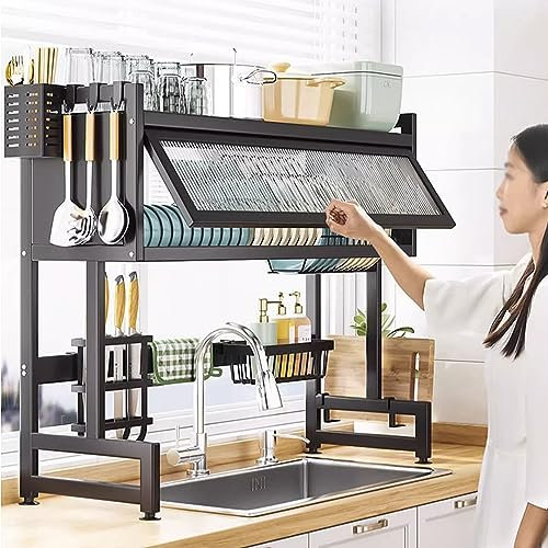 escurreplatos Escurreplatos sobre el fregadero Escurridor de platos de acero inoxidable de 2 niveles sobre el fregadero para estante de cocina, organización de almacenamiento sobre el estante (negro