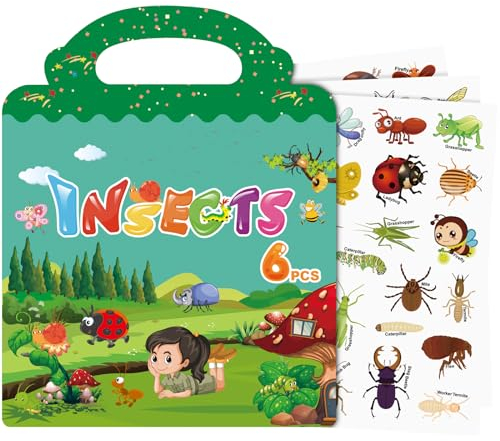 Wiederverwendbare Stickerbuch, Sticker Book für Kinder, 6 Blätter Insekten Stickerbücher für 3 4 5 6 Jahre Jungen Mädchen Kleinkinder, 3D Klare Sticker für Lernspielzeug Geschenke