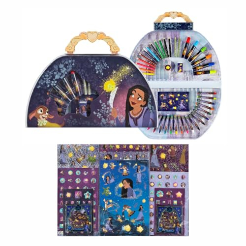 Malkoffer Kinder 51-tlg. mit Super Sticker Set 500 Stk. Disney Wish – Malset mit Inhalt Stiften Malblock – Bastelkoffer Mädchen mit Klebestickern Aufkleber