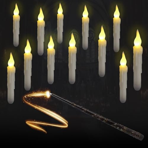 WIYETY 12 velas LED flotantes: vela cónica colgante sin llama con varita mágica mando a distancia, velas LED de luz cálida para Halloween, Navidad, familia, boda, fiesta, decoración