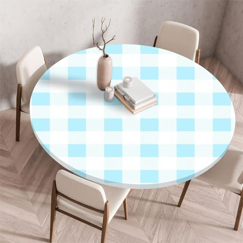 Chickwin Tischdecke Runde Wasserdicht Abwaschbar Einfaches Plaid Tischschoner Elastische Kante, Tischtuch aus Polyester für Küche, Esszimmer, Garten, Balkon (90cm,Blau)