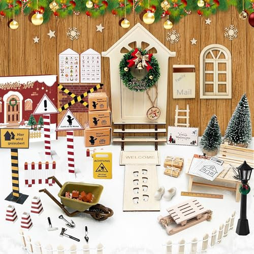 ROLLWAY 90 Stück Miniatur Wichtel Zubehör Baustelle Set, Weihnachten Wichteltür Zubehör Komplettset Weihnachtswichtel Zubehör Wichtelhaus Wichteltüren Komplett, Wichtelbaustellen Feentür Holz Tür
