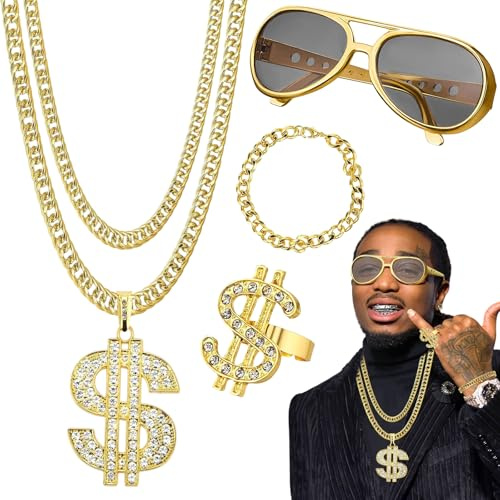 Kostüm a, 4er Set Gold-Dollar, 70er Jahre 80er 90er Accessoires mit Goldkette, Herren Armbänder, Ringe, Brillen, HipHop Mottoparty Zubehör