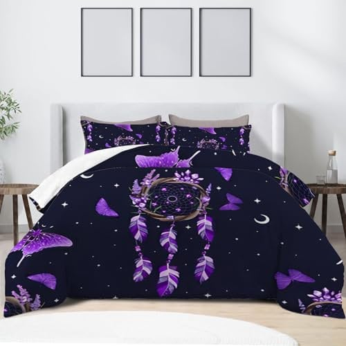 Single Duvet Cover Set, Dream Catcher,Feather Pattern, Reversible Duvet Cover Sets Single, Quilt Covers with Zip Fastening, Non-Iron Easycare Bedding Set, Soft Microfibre, Purple, Black