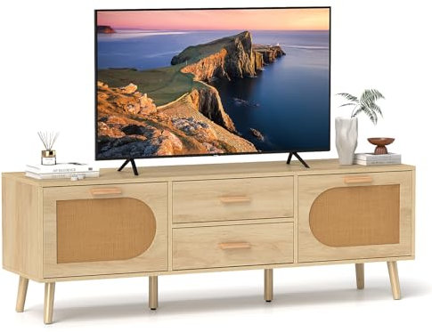 COSTWAY TV Stand for TVs up to 65 Inches, 150cm TV Cabinet Media Entertainment Center with Rattan Doors and Storage Drawers, 6 Solid Wood Legs TV Unit Console Table for Living Room Bedroom, Natural