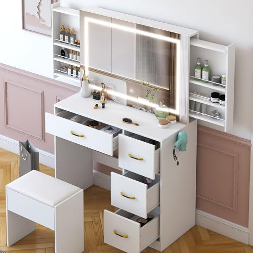 Karl home Dressing Table with Sliding Mirror & Stool Set, Vanity Table w/ 3-Color LED Lights Mirror, Bedroom Dressing Tables with 4 Drawers & Charging Socket, Hidden Storage Space, White