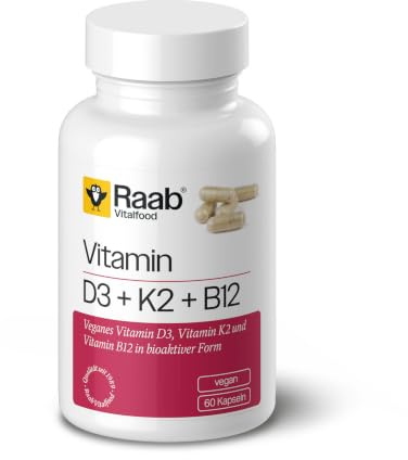 Raab® Vitamin D3 + K2 + B12 Kapseln (60 Stück) - Vegan | Mit Vitamin D3, Vitamin K2 und B12 in bioaktiver Form, vegan, gluten- und laktosefrei, nur 1 Kapsel täglich